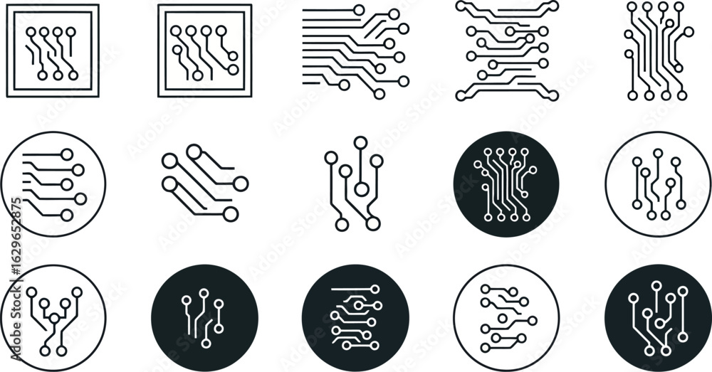 Poster vector art of set of electronic circuit board icons in various styles and formats, showcasing techno