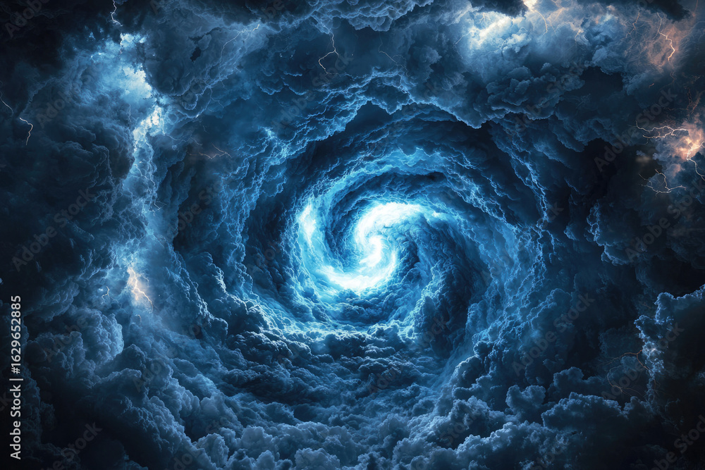 Poster a swirling vortex of dark, stormy clouds with lightning, creating a dramatic and ethereal scene.