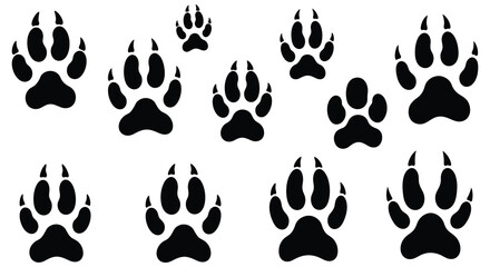 Collection of black animal paw prints on a white background illustrating tracks and trails