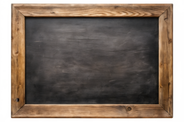 Empty rustic wooden framed chalkboard isolated on transparent background, perfect for educational or creative messages