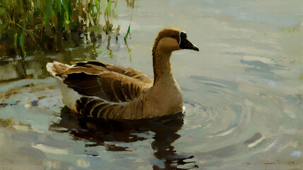 A graceful brown duck with a long neck swims peacefully in calm rippling water near reeds
