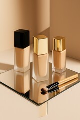 Foundation Bottles with Gold Accents on Mirrored Surface and Beige Backdrop