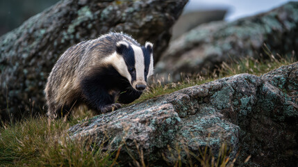 Obraz premium Badger Exploring Rocky Outcrop Natural Light