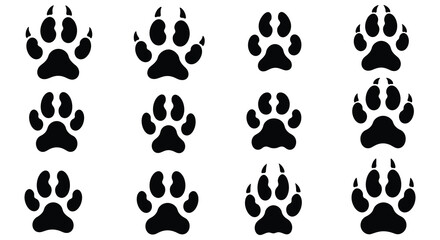 Collection of black animal paw prints on a white background illustrating tracks and trails