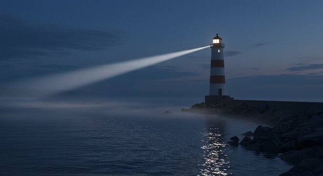 Lighthouse Beam Illuminating the Night Sea - Powered by Adobe