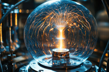 A mesmerizing plasma globe displays intricate, glowing energy streams within a glass sphere.