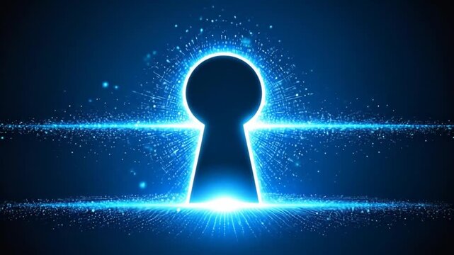A glowing blue keyhole shape is centered against a dark blue background, surrounded by sparkling particles and horizontal light streaks.
