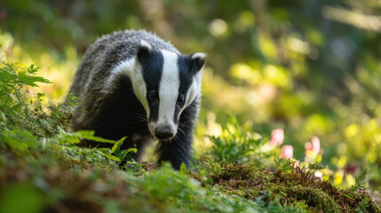 Badger Foraging for Berries Sun-Drenched Foreground