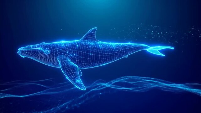 A glowing blue wireframe of a whale swims in a dark blue digital ocean with stylized waves.