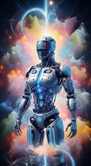 Futuristic robot figure amidst a nebula.