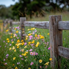 Rustic wooden fence, vibrant wildflowers