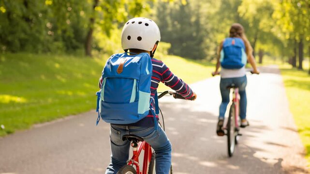 Kid and backpack back to school. Kid with blue backpack cycling back to school bicycle, outdoor adventure,child,elementary uniform,children,new year education,educator,students returning to school