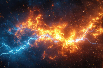 Naklejka premium Clashing cosmic energies: fiery orange and icy blue lightning bolts collide in a dark, starlit expanse.