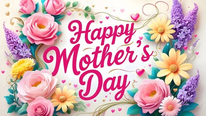 Floral Happy Mother's Day Card with Pink Roses, Lilacs, and Daisies on White Background