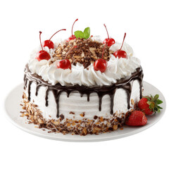 A round cake adorned with whipped cream, chocolate ganache, chopped nuts, maraschino cherries, and strawberries