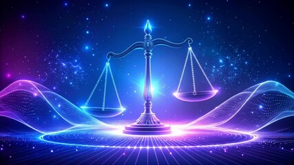 A glowing, silver balance scale stands on a circular platform against a blue and purple nebula background.