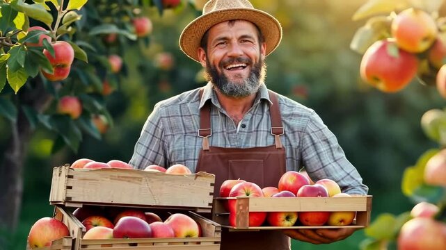 a happy farmer harvests a good harvest of apples in the garden