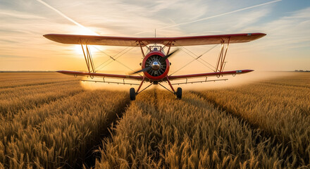 Golden Hour Crop Duster Spraying Wheat Field: Agricultural Airplane at Sunset