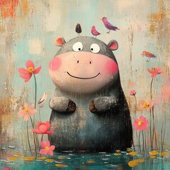 A peaceful cartoon hippopotamus lies in a river, surrounded by floating lilies and lively birds. Playful spirit, gentle atmosphere.