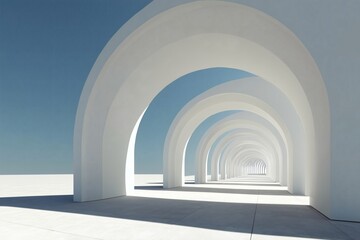 Serene architectural tunnel: a minimalist corridor with repeating archways and clear sky above, creating a sense of depth and tranquility.