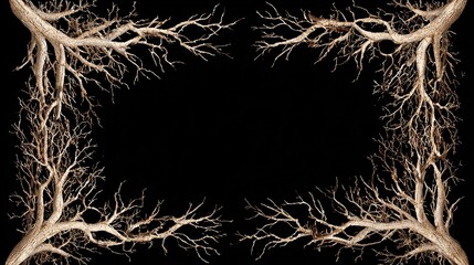 and keyword list based on the image, following your instructions

 Bare Branches Forming Abstract Frame on Black Background, Winter Nature Design