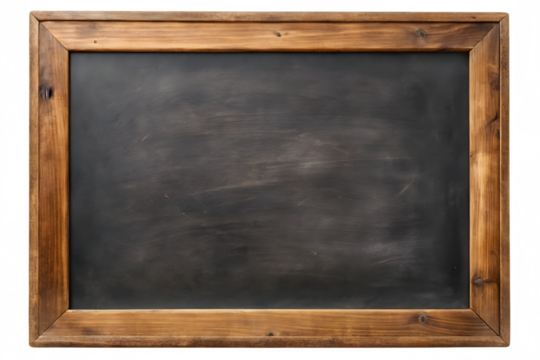 Empty vintage wooden framed blackboard isolated on transparent background for writing and education