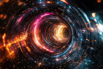 A swirling vortex of vibrant colors and lights, resembling a cosmic tunnel or wormhole.