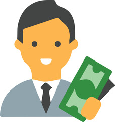 Financial Success Cartoon Character Illustration Man Holding Cash and Wearing Business Attire for Investment or Savings