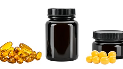 Black bottle of dietary supplements on clear background