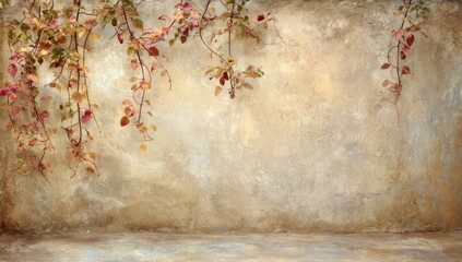 Rustic aged wall with autumnal vines.