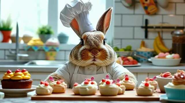 a hare, a rabbit is baking cupcakes in the kitchen