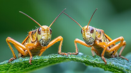 Fototapeta premium Two vibrant orange-yellow grasshoppers on a leaf