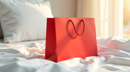 Bright red paper shopping bag with handles placed on soft white bedding in cozy minimalist bedroom setting, close up