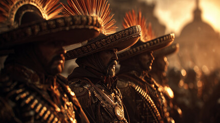 Three individuals wear ornate, decorative uniforms with large, spiked hats resembling sun motifs. The scene is set against a warm, dim background suggesting a ceremonial event.