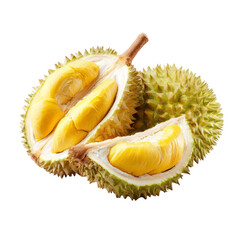 Obraz premium Two halves of a durian fruit, showing creamy yellow flesh