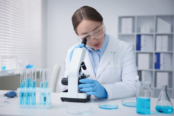 Medical analysis. Scientist working with microscope in laboratory