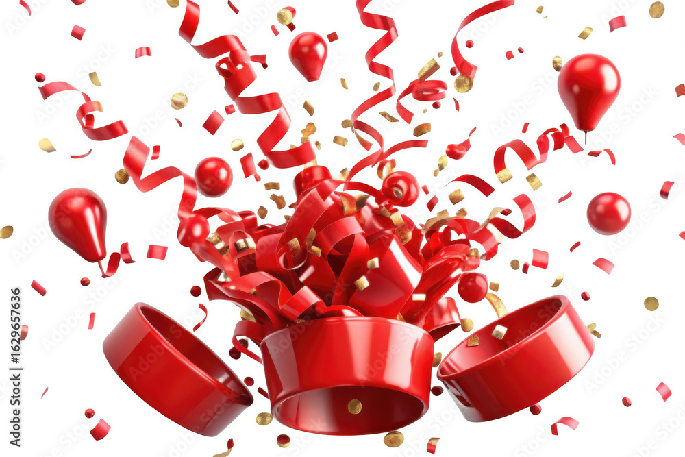 Aufkleber 3d exploding red gift box with confetti and streamers isolated on transparent background