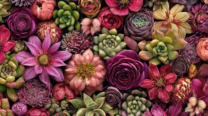 A vibrant arrangement of succulents and flowers in deep purples, pinks, and reds.