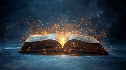 Open magic bblank book with glowing particles light trails and fantasy energy in dark mysterious room