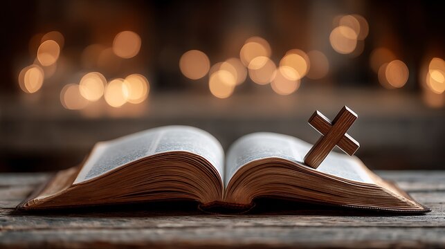 Open holy blank pages book with wooden cross in soft warm light symbolizing faith and prayer