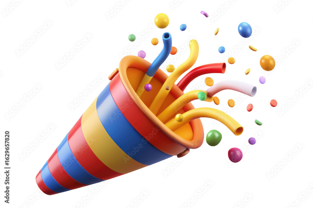 Poster 3d party popper exploding with confetti and streamers isolated on transparent background