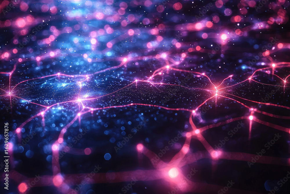Poster abstract image depicting a network of interconnected nodes, glowing with pink and blue light, resemb