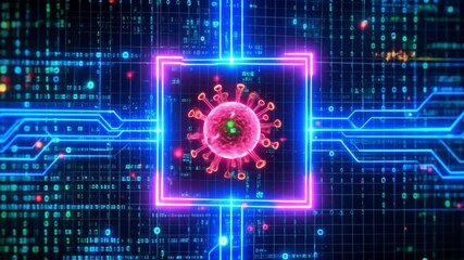 A graphic of a pink and orange virus is centered within a glowing square on a dark background of digital circuits and binary code. - Powered by Adobe