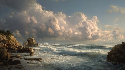 Dramatic coastal scene with turbulent waves crashing against rocky shores under a sky filled with voluminous, sunlit clouds