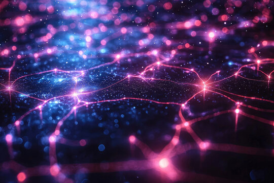 Abstract image depicting a network of interconnected nodes, glowing with pink and blue light, resembling neural pathways or a futuristic technology.
