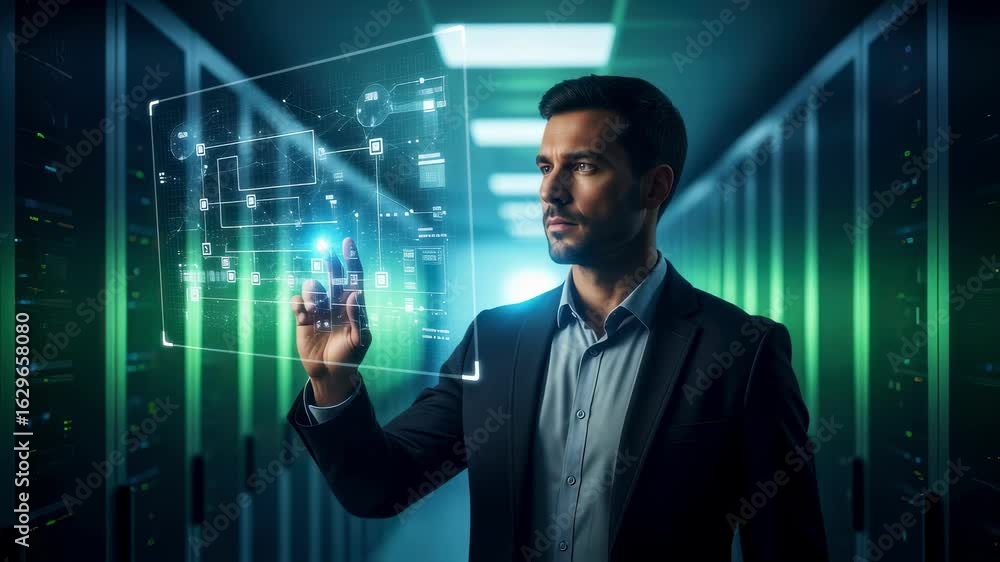 Poster it professional navigating complex networks in a dimly lit technological environment.