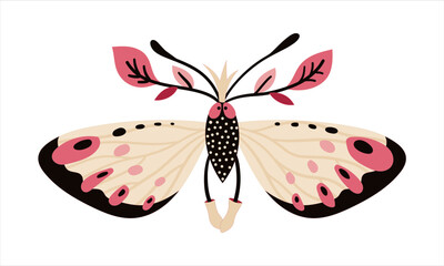 Butterfly vector cute cartoon illustration of a funny character. A happy moth with crown and boots in cream pink and black. Great for childish book or web design. Perfect for kids print and sticker.