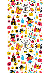Cute Halloween Seamless Vertical Frame Border Pattern with Witch, Pumpkin, Bat and Skeleton Kids Doodle Style