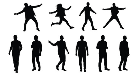 Collection of diverse male silhouettes engaged in various dynamic poses and casual stances against a white background