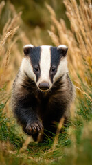 Badger Running Through Tall Grass Shallow Depth of Field